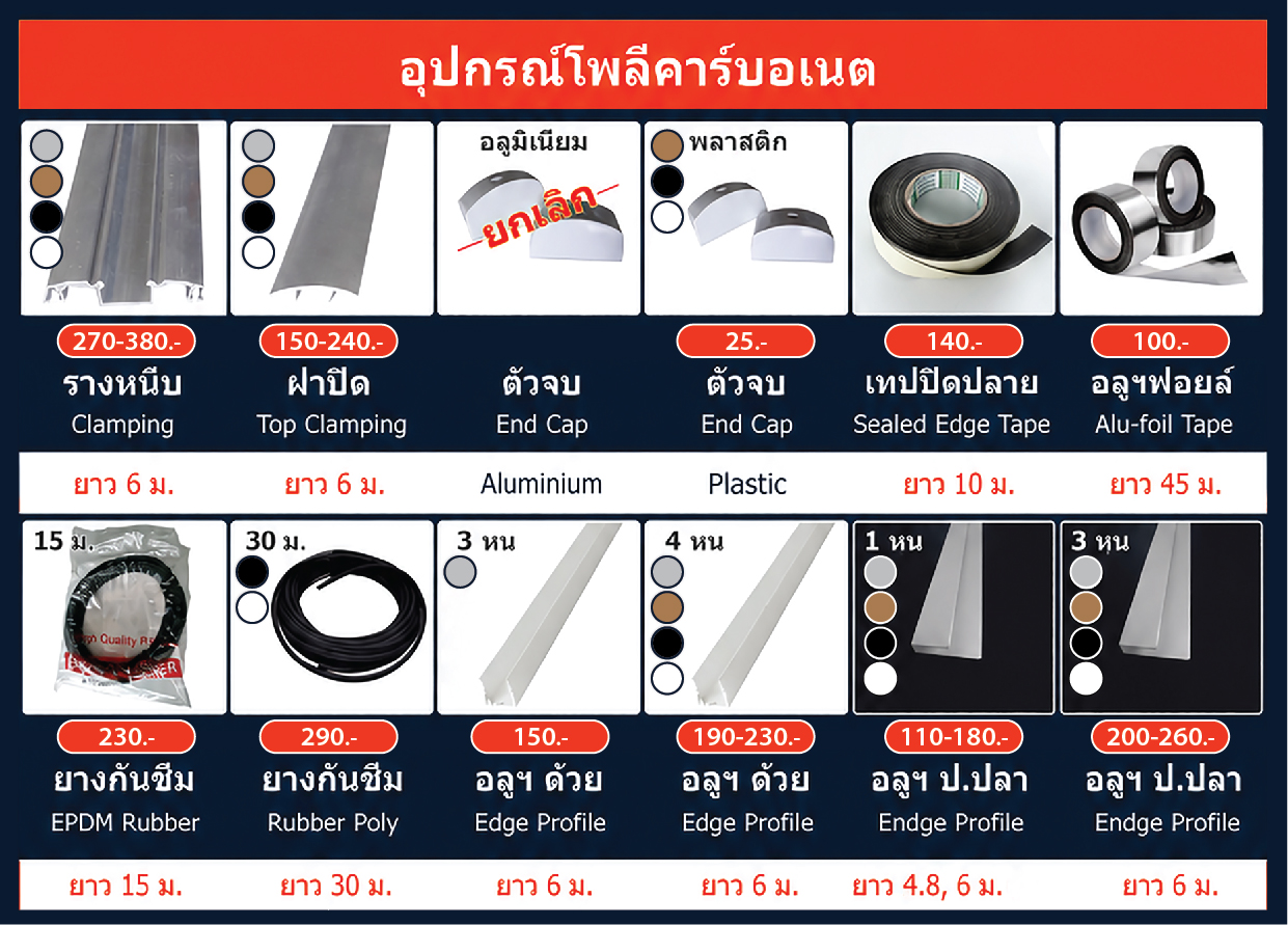 รายการ ราคาอุปกรณ์ติดตั้งหลังคาโพลีคาร์บอเนต แผ่นตัน